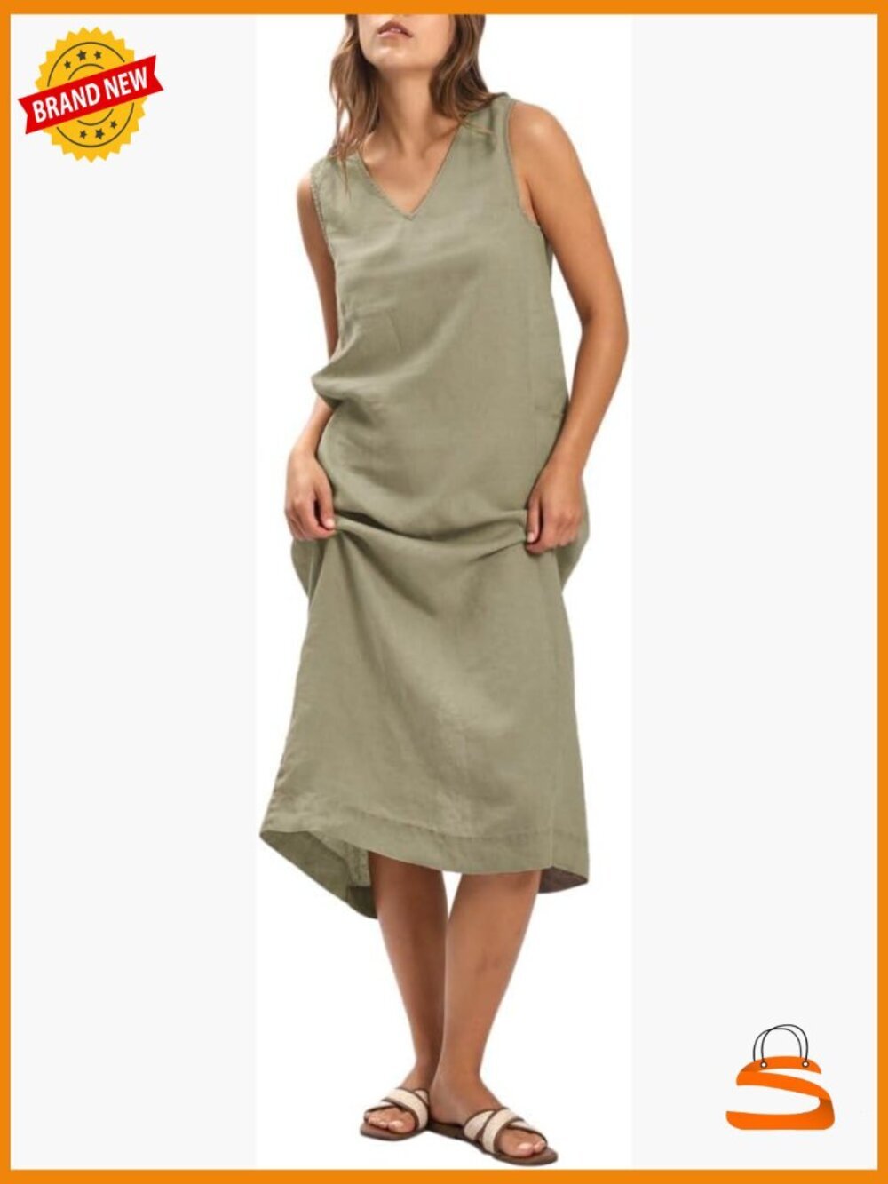 100% Linen Plant-Dyed Sleeveless V-Neck Midi Dress with Slit